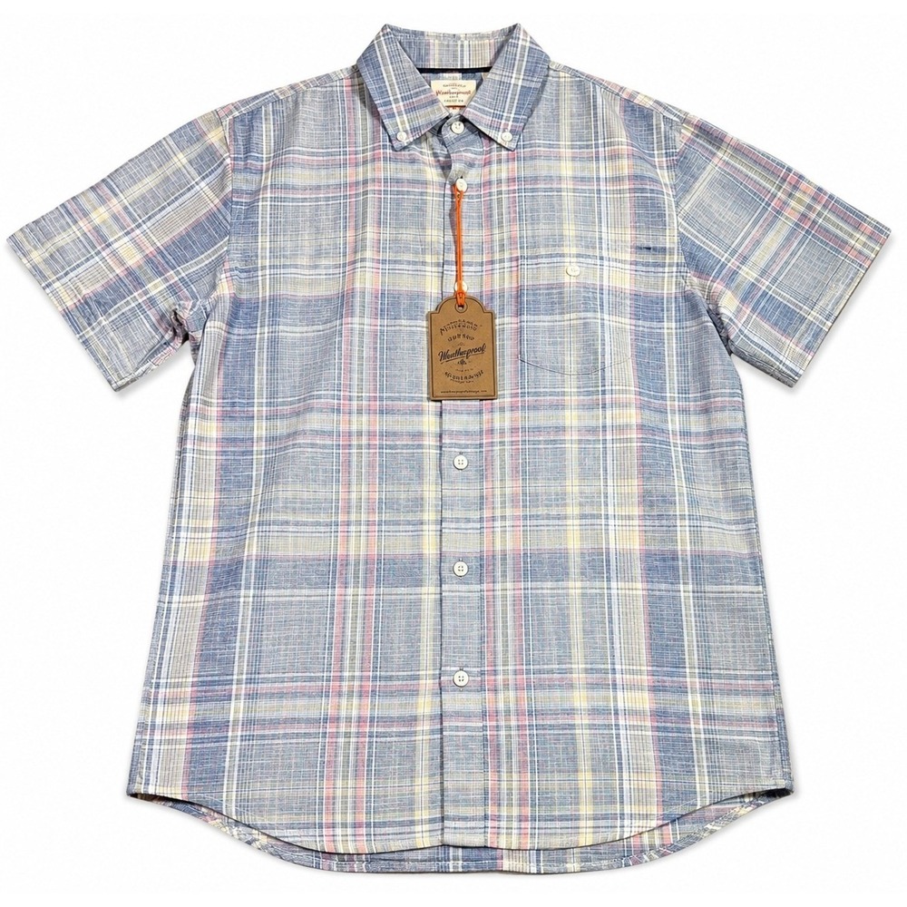 Weatherproof Vintage Mens Plaid Button Down Shirt Short Sleeve Blue Cotton